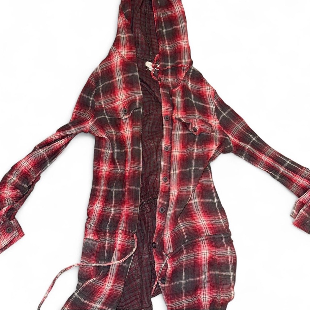 red & white plaid button up ruffled string tie flannel